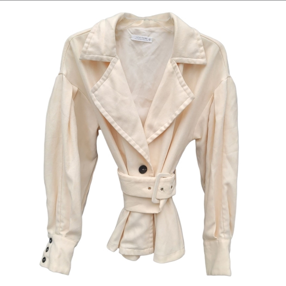 EUC 12th Tribe Balloon Sleeve Cream Belted Women's Jacket